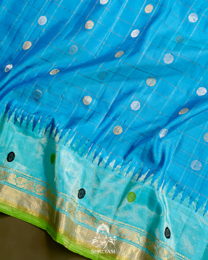 Handloom Pure Gadwal Silk Saree in Royal Blue with Aqua Tissue Borders