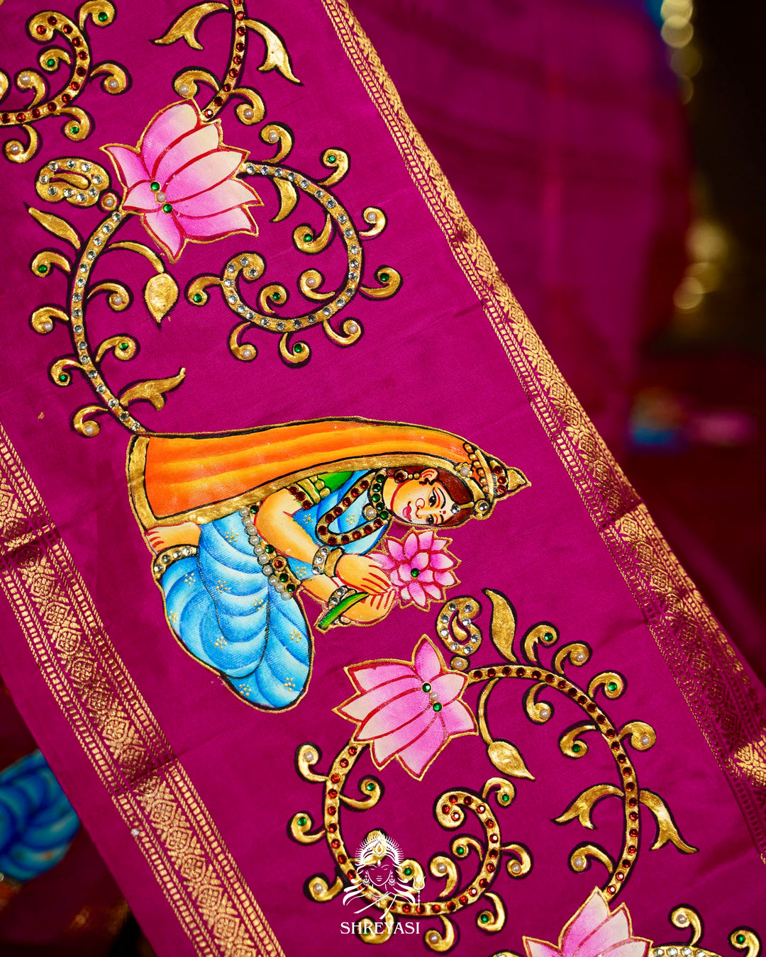 Traditional Tanjore Painting on Handloom Pure Kanjivaram Silk Sarees with Real Zari