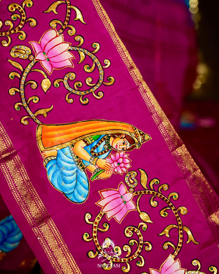 Traditional Tanjore Painting on Handloom Pure Kanjivaram Silk Sarees with Real Zari