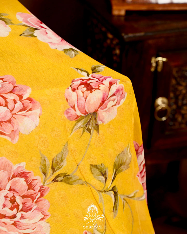 Pure Chiffon Floral Saree with Crochet Embroidery Border