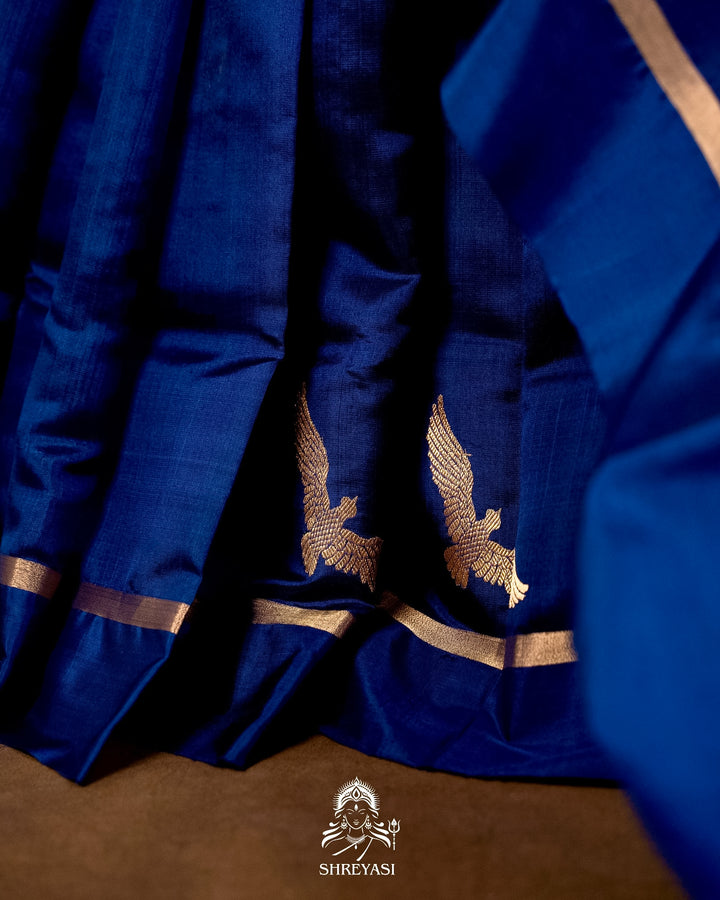 Handloom Pure Chanderi Pattu Silk Saree in Cobalt Blue with Bird Motifs