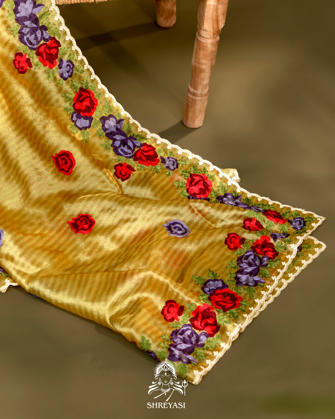 Chanderi Tissue Saree with Pita & Thread Floral Embroidery