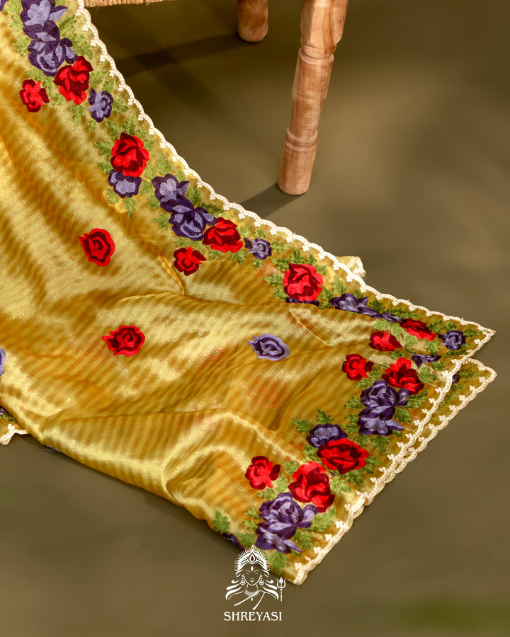 Chanderi Tissue Saree with Pita & Thread Floral Embroidery