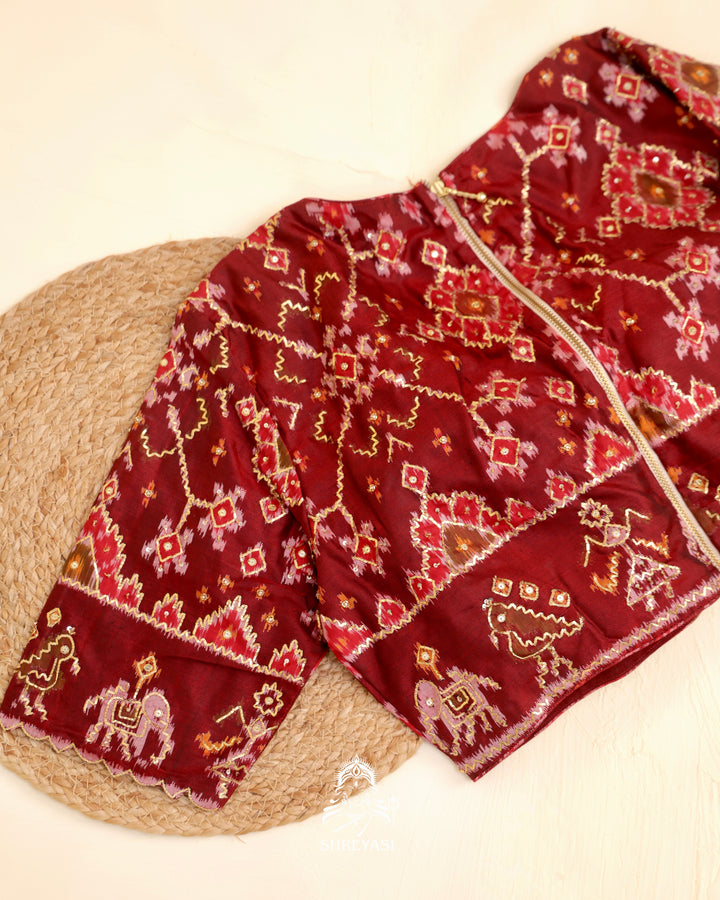 Rajkot Patola single ikat silk blouse with geometric motifs and pita embroidery