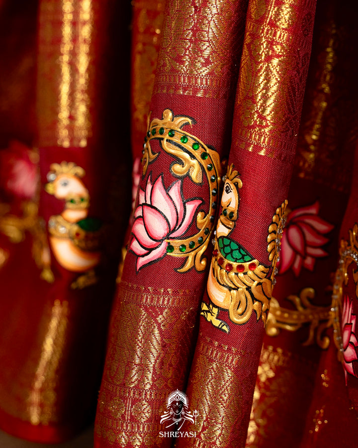 Traditional Tanjore Painting on Handloom Pure Kanjivaram Silk Sarees with Real Zari