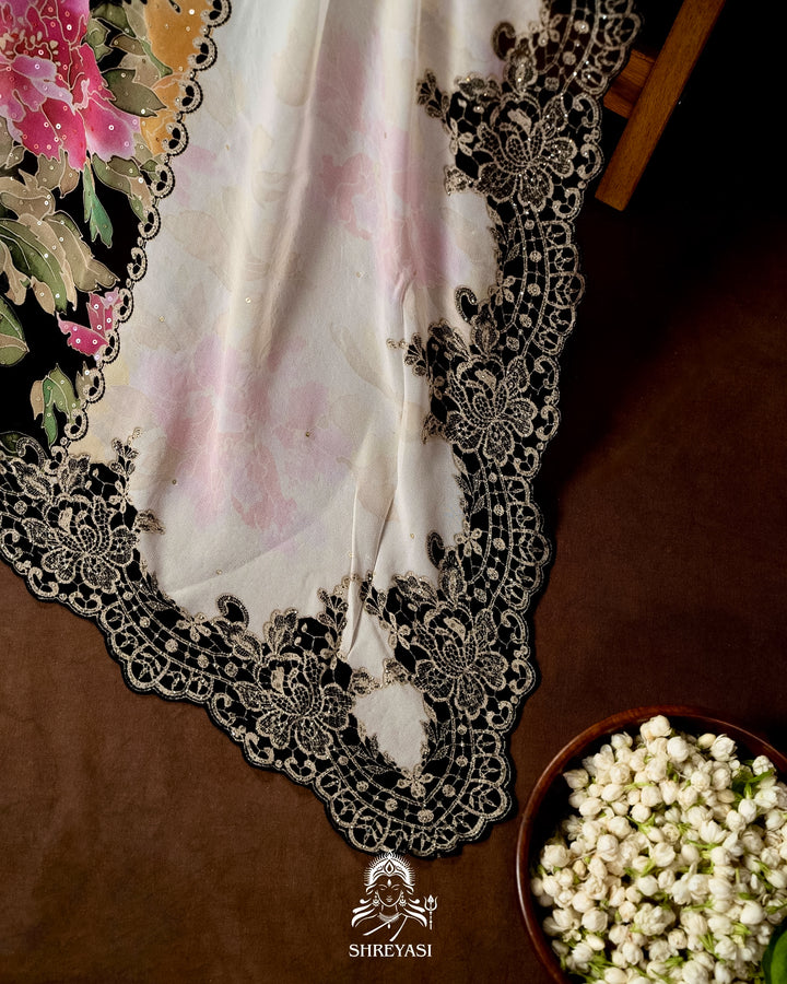 Pure Georgette Floral Saree with Chantilly Lace Embroidery Border
