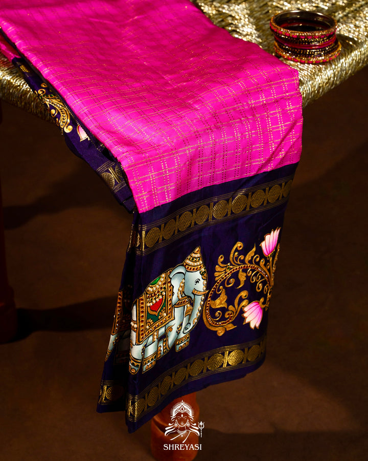 Traditional Tanjore Painting on Handloom Pure Kanjivaram Silk Sarees with Real Zari