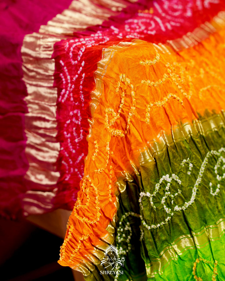Handloom Pure Bandhani Gaji Silk Saree with Hand-Knotted Bandhej and Multicolored Bandhani Pallu