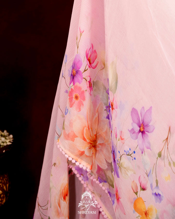 Pure Chiffon Floral Saree with Crochet Embroidery Border