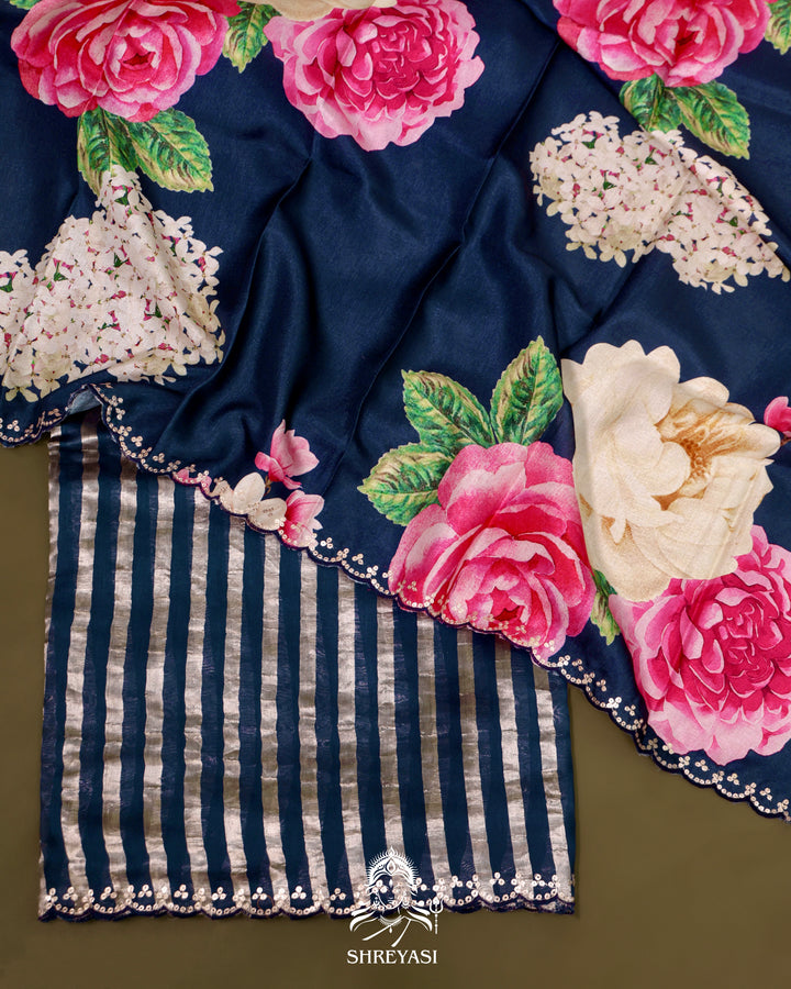 Chanderi Tissue Silk Saree with Pita Embroidered Borders and Floral Blouse