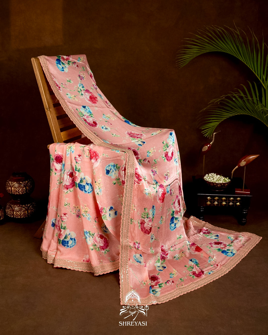 Pure Chinon Satin Saree with Floral Print & Embroidered Scallop Borders
