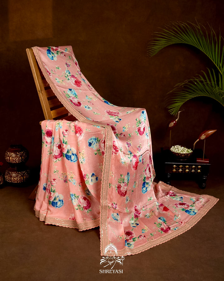 Pure Chinon Satin Saree with Floral Print & Embroidered Scallop Borders