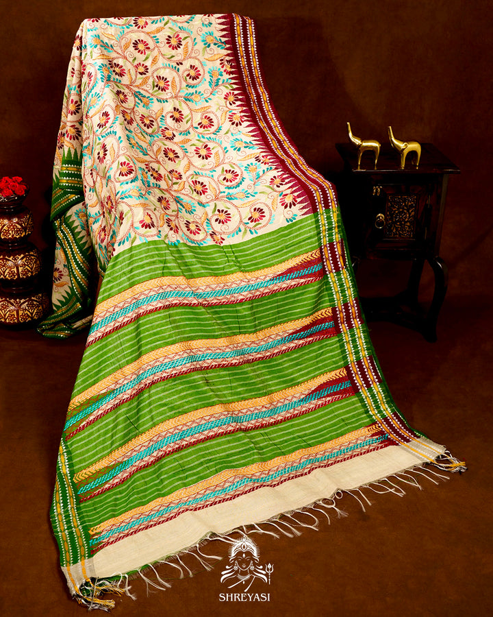 Handloom Pure Vidarbha Tussar Silk Saree with Karvati Kinar Border and Kantha Embroidery