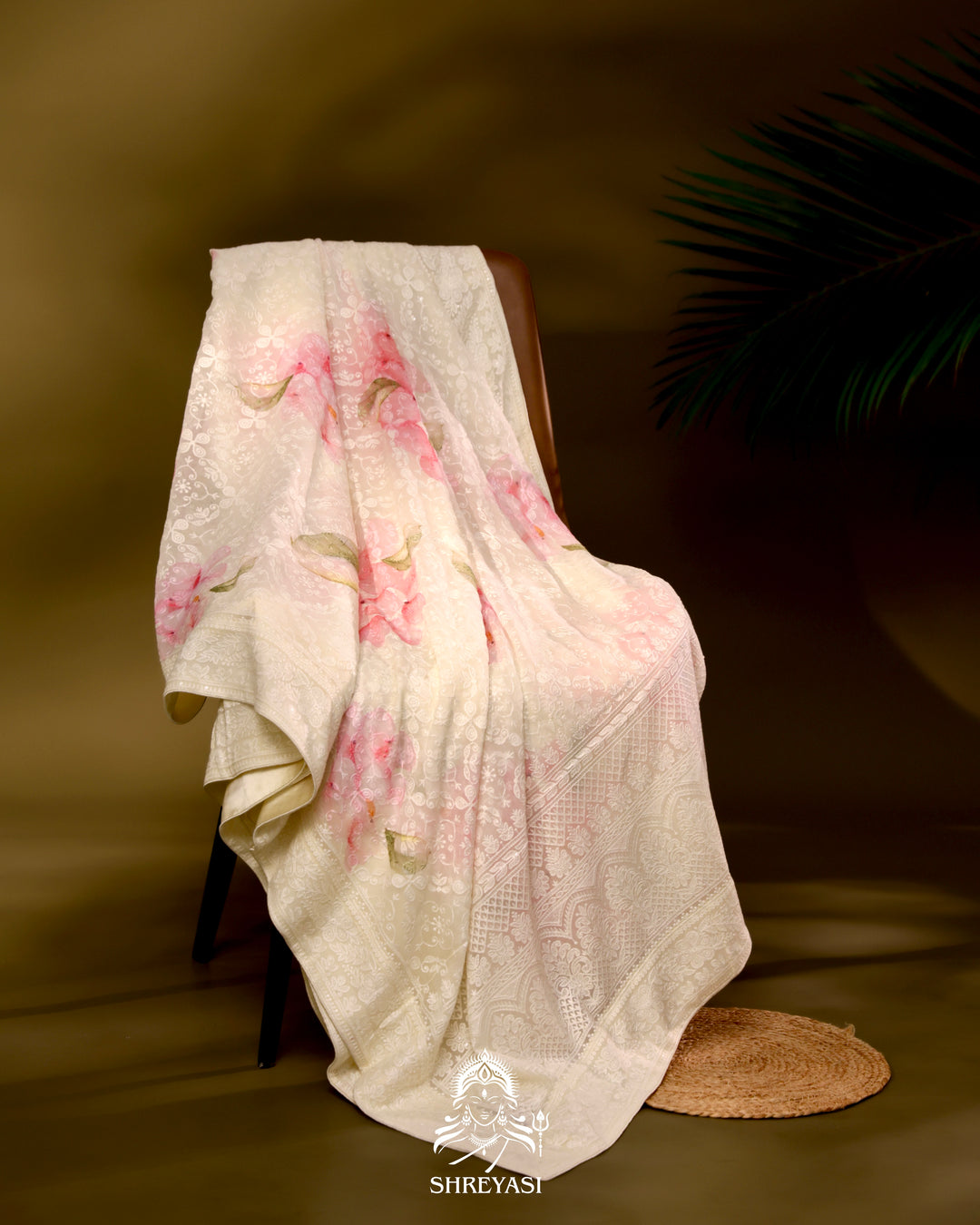 Georgette floral saree with chikankari embroidery