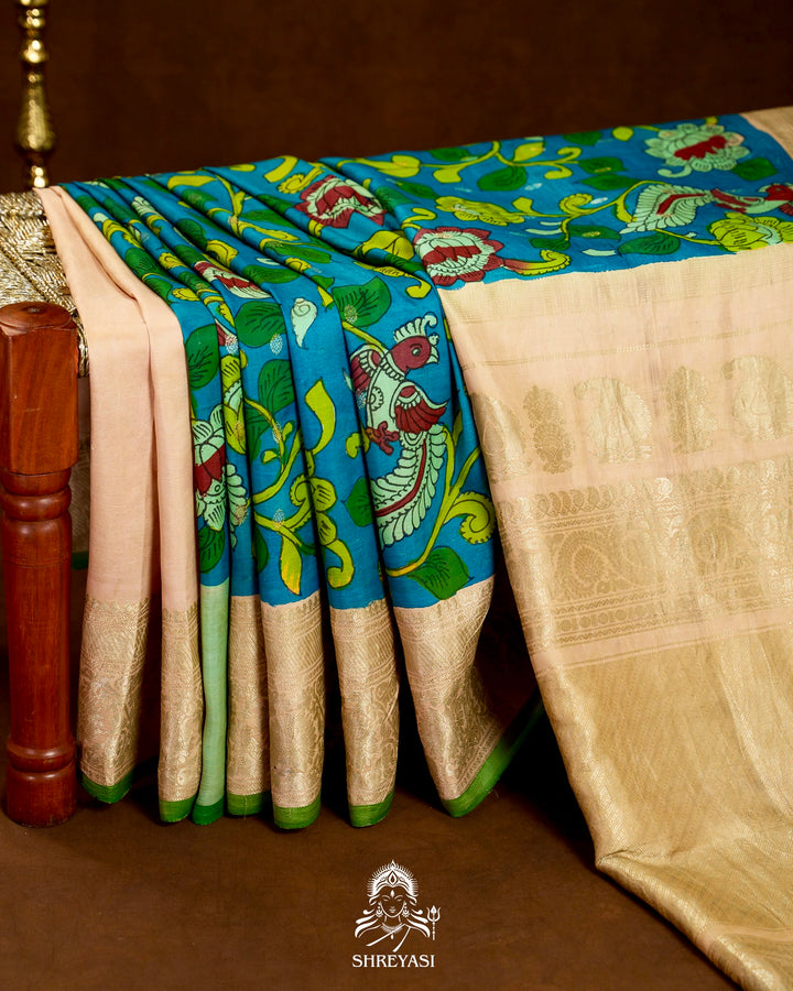 Handloom Pure Gadwal Silk Saree with Hand Painted Pen Kalamkari and Silver Zari Borders