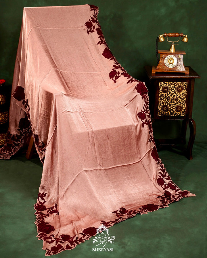 Pure Satin Silk Saree with Contrast Appliqué Borders