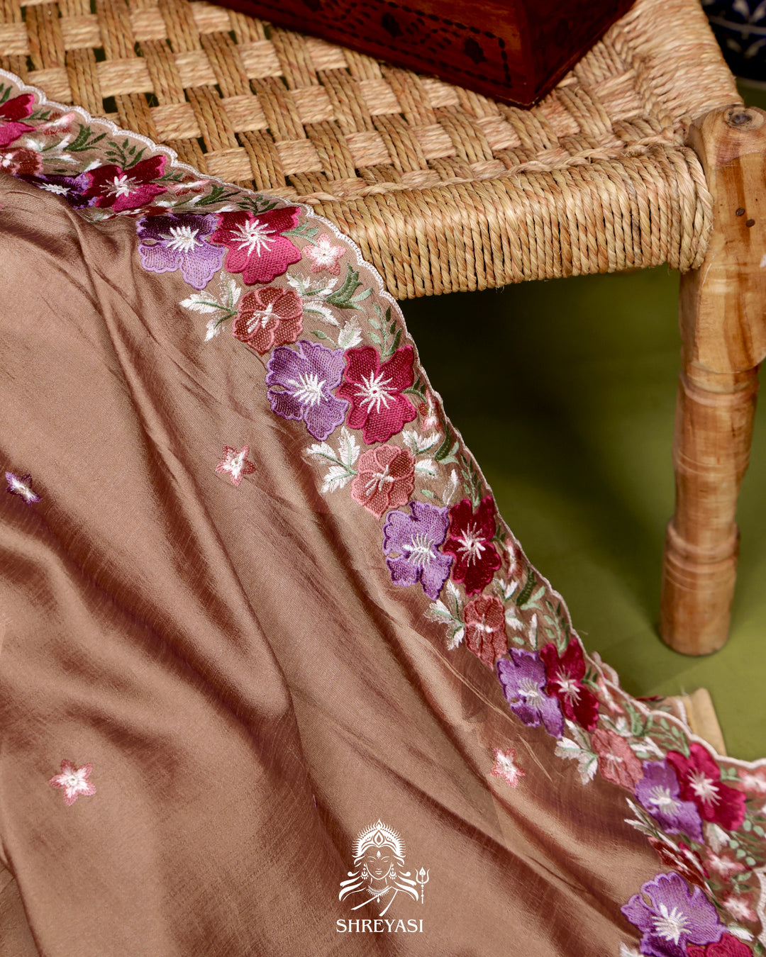 Tussar Silk Saree with Resham Floral Embroidery Border