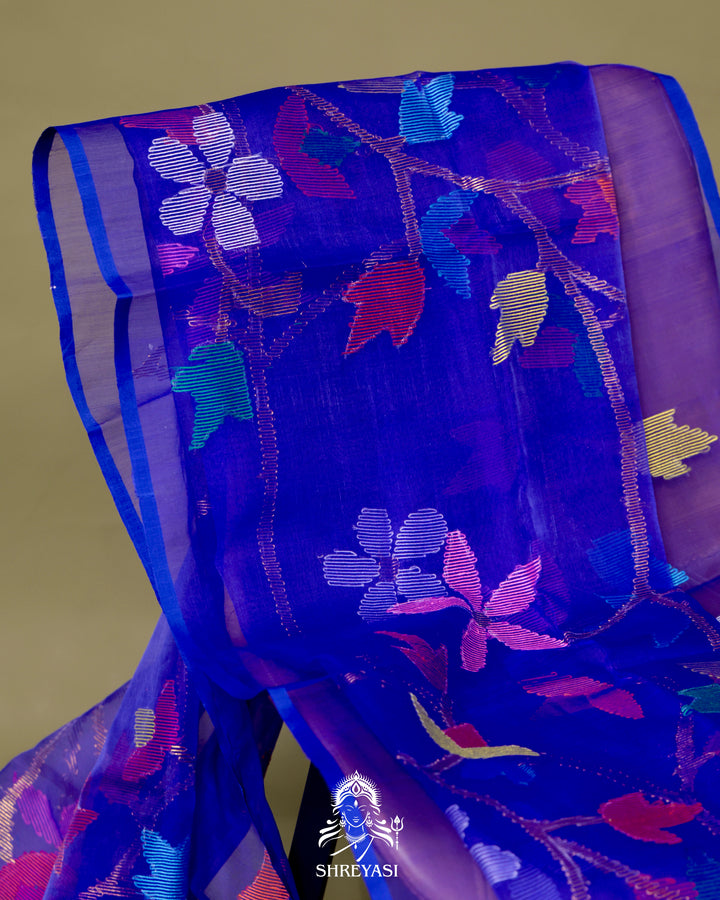 Handloom Pure Muslin Jamdani Saree in Full Jaal Needle Weaving