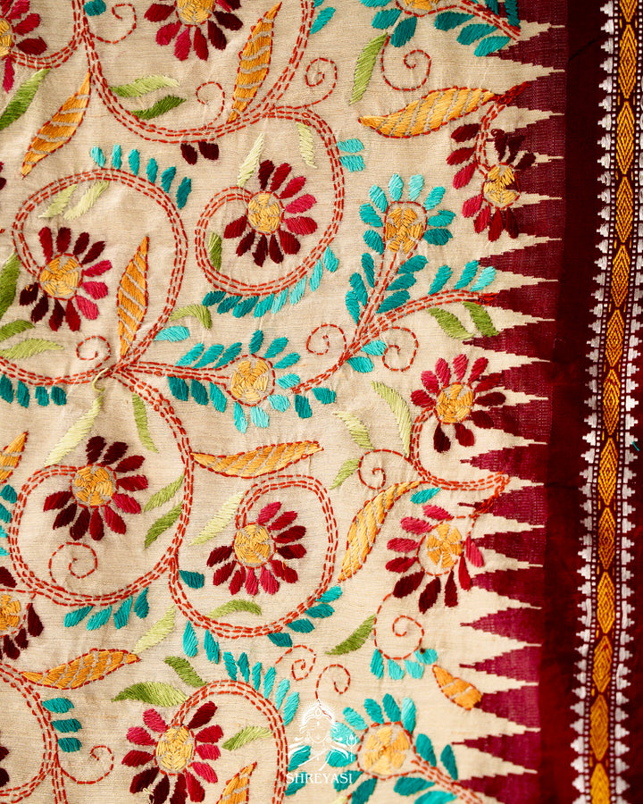 Handloom Pure Vidarbha Tussar Silk Saree with Karvati Kinar Border and Kantha Embroidery