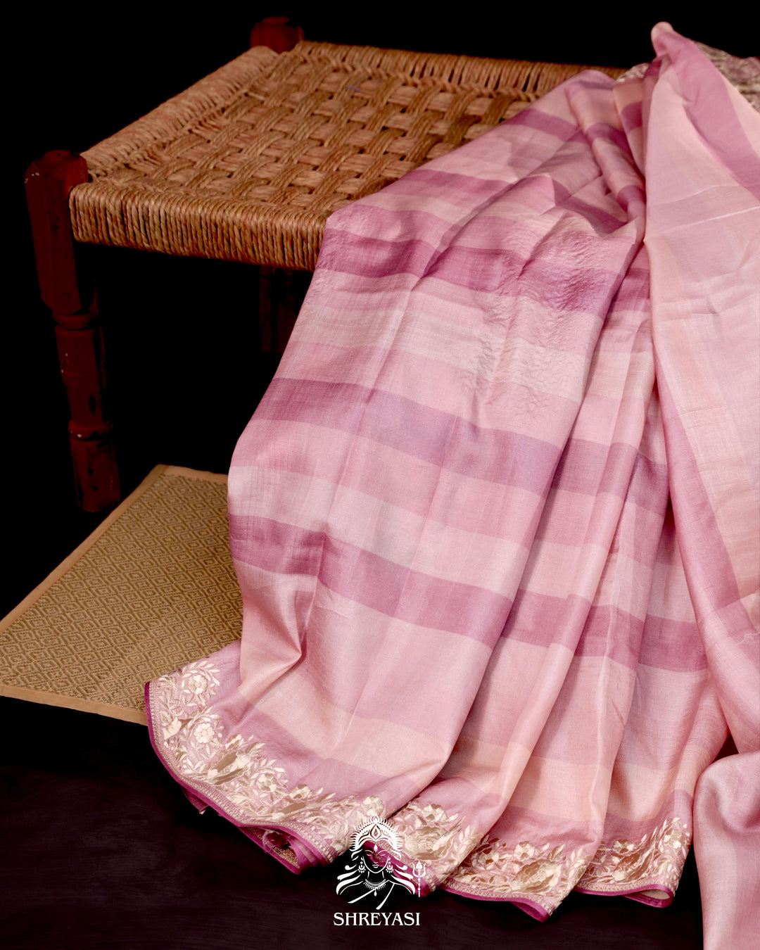 Tussar Silk Saree with Parsi Gara Embroidered Borders and Floral Parsi Gara Blouse