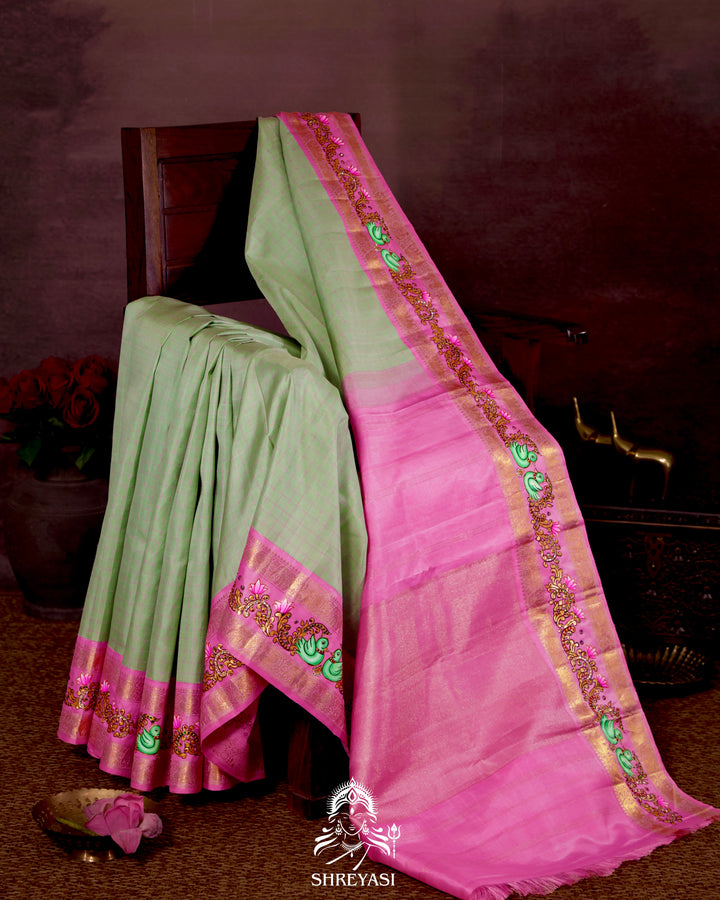 Handloom Pure Kanjivaram Silk Saree in Real Zari with Tanjore Annapakshi and Kamalam Artwork