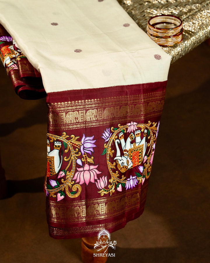 Traditional Tanjore Painting on Handloom Pure Kanjivaram Silk Sarees with Real Zari