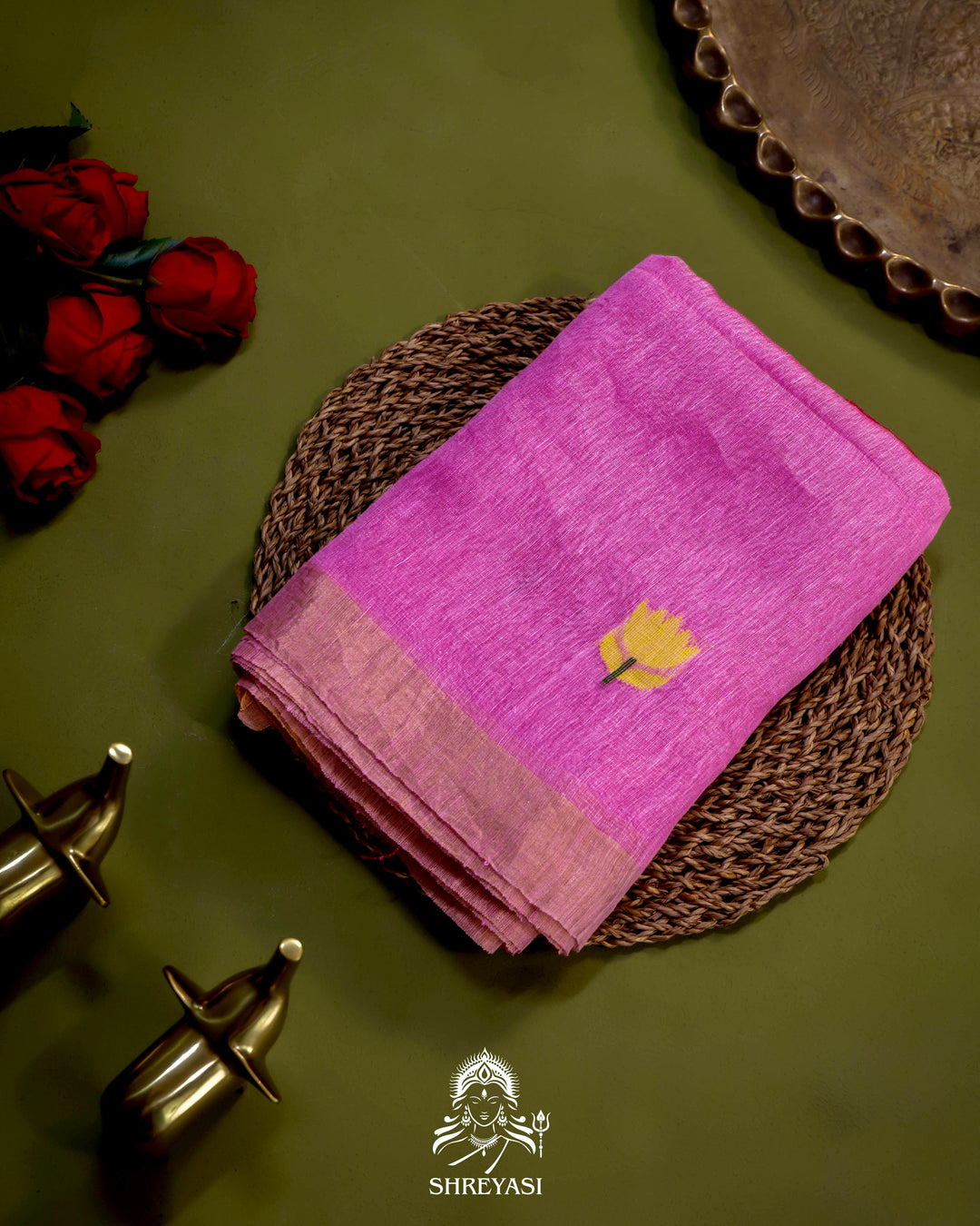 Handloom Silk Linen Jamdani Saree with Tissue Paithani Pallu