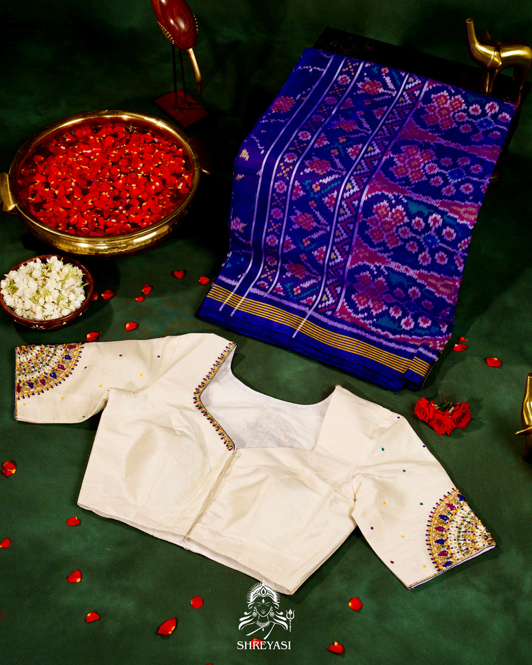 Handloom Pure Rajkot Single Ikat Patola Silk Saree with Hand-Embroidered Raw Silk Blouse