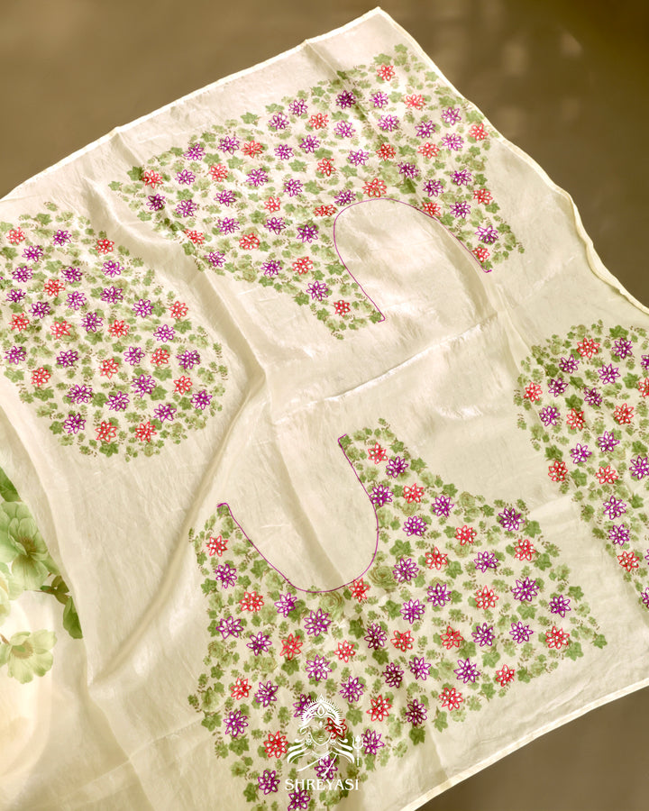 Glass Tissue Saree with Floral Print and  Embroidery