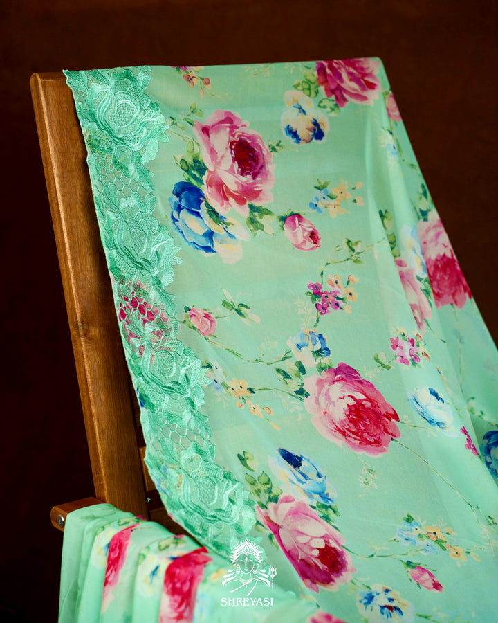 Pure Georgette Floral Saree with Chantilly Lace Embroidery Border