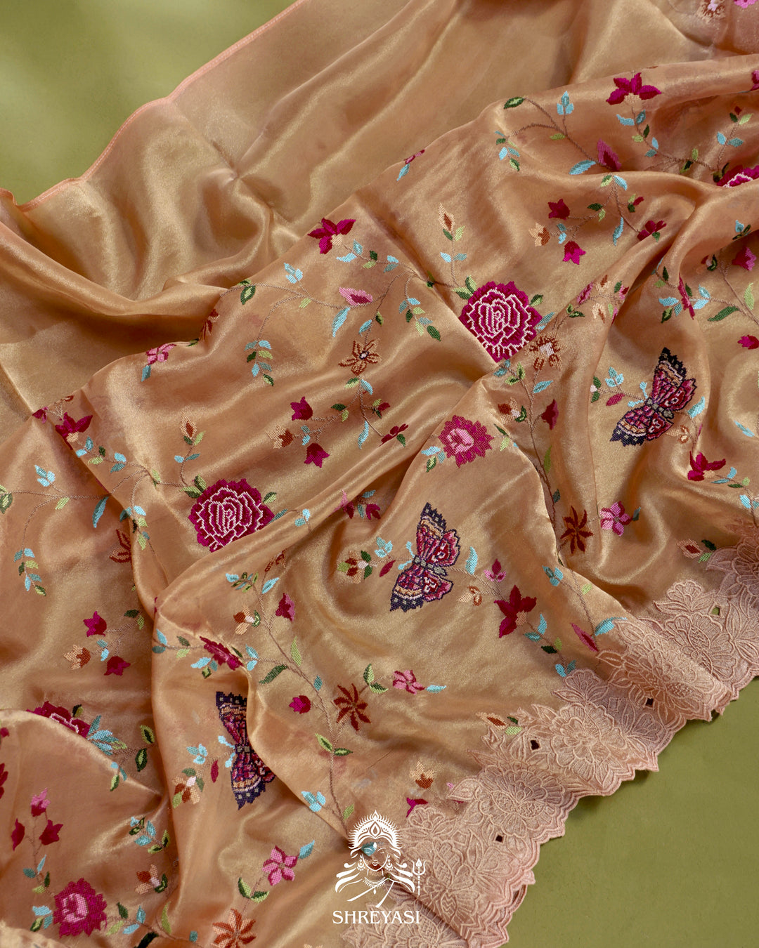 Handloom Pure Tissue Silk Saree with All Over Petit Point Embroidery and Chantilly Lace Borders