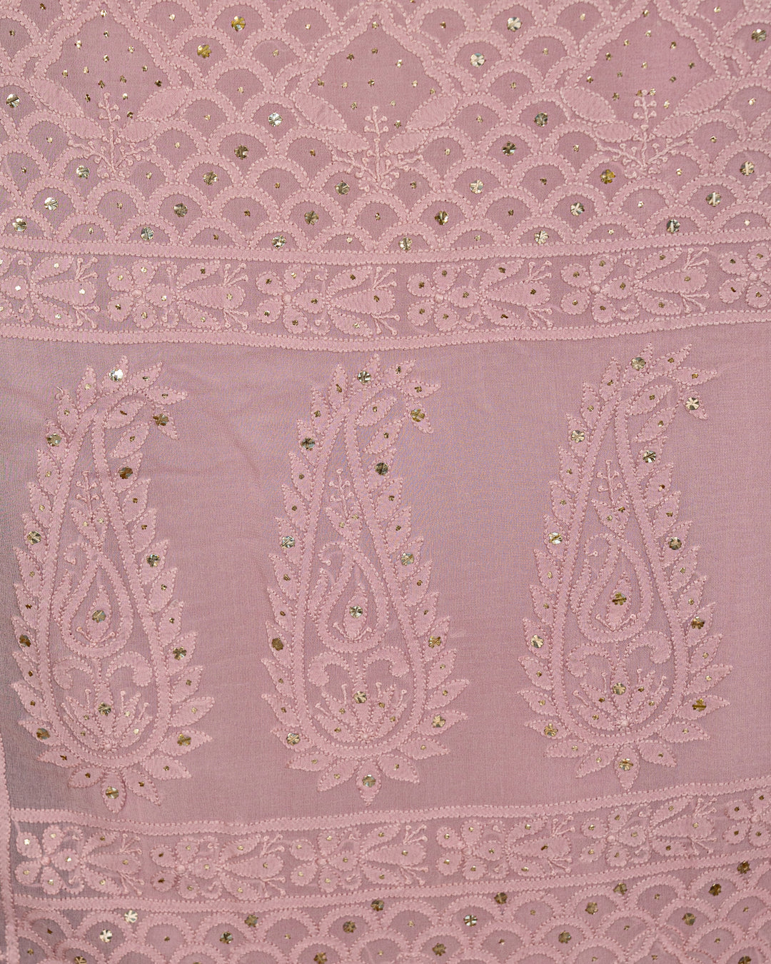 Hand Embroidered Chikankari Pure Georgette Saree with Scalloped Embroidered Borders and Contrast Banaras Blouse