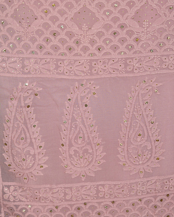 Hand Embroidered Chikankari Pure Georgette Saree with Scalloped Embroidered Borders and Contrast Banaras Blouse