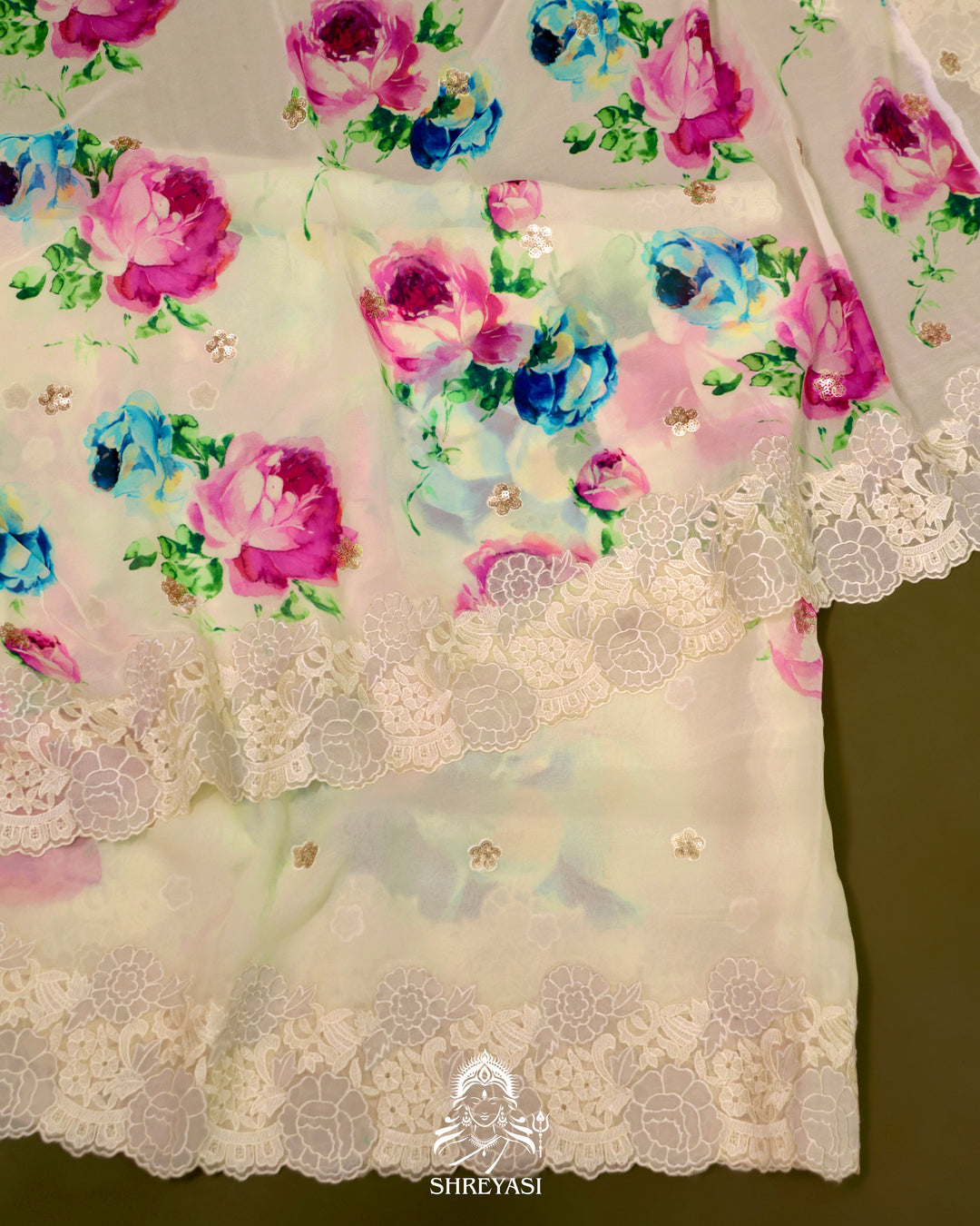 Floral Georgette Saree with Sequin Embroidery and Chantilly Lace Borders