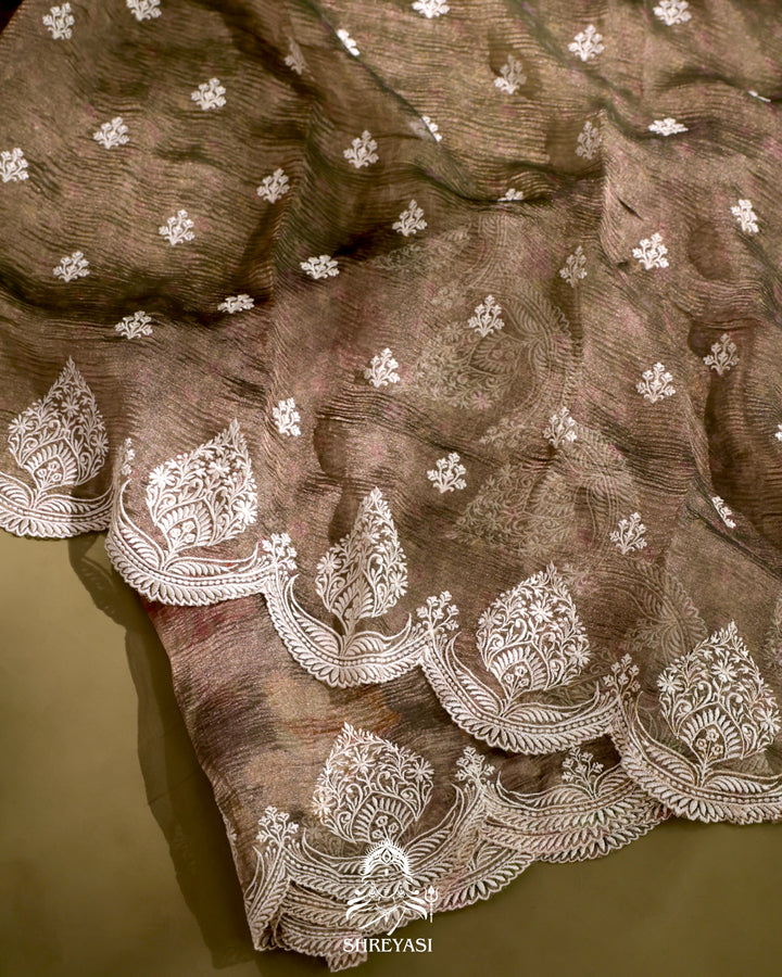 Handloom Pure Crushed Ektara Tissue Silk Saree with Floral Print and Scallop Embroidery