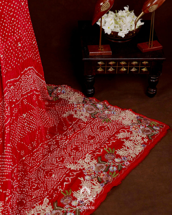 Handloom Pure Gaji Silk Bandhej Saree with Floral Embroidery in Scarlet Red