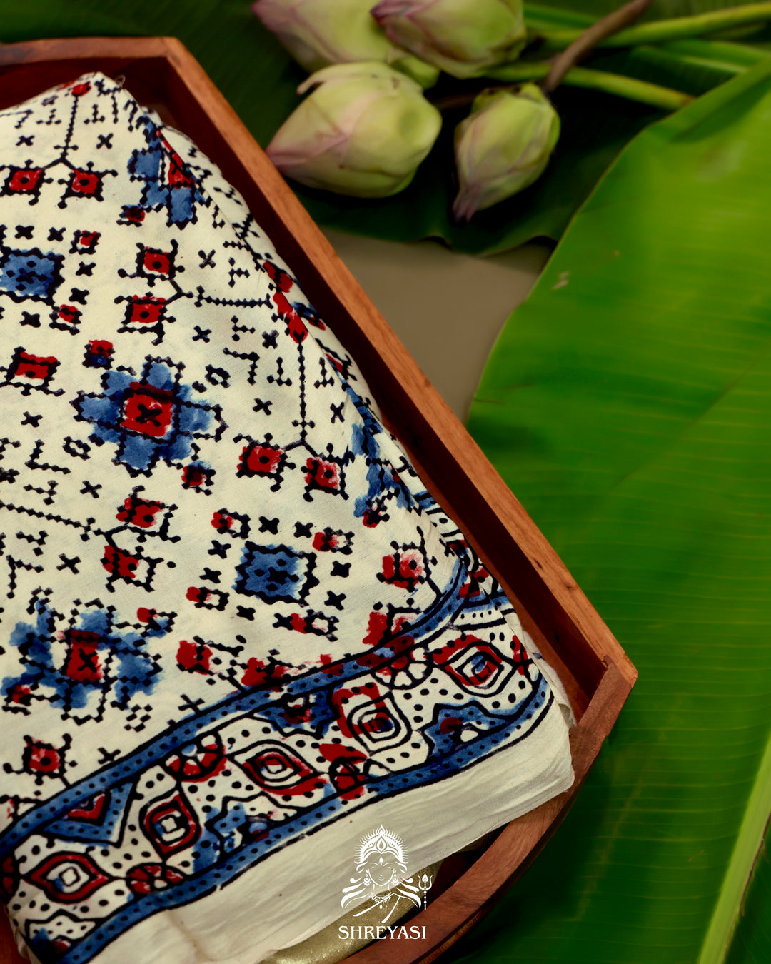 Pure Modal Gaji Silk Lagdi Patta Ivory Blue Ajrakh Saree in Natural Dyes