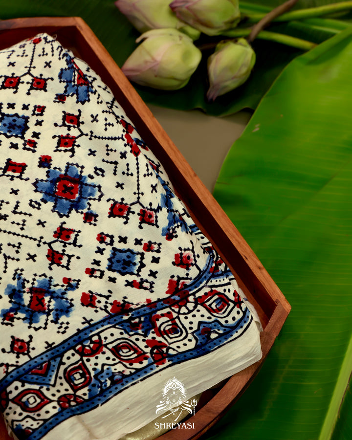 Pure Modal Gaji Silk Lagdi Patta Ivory Blue Ajrakh Saree in Natural Dyes