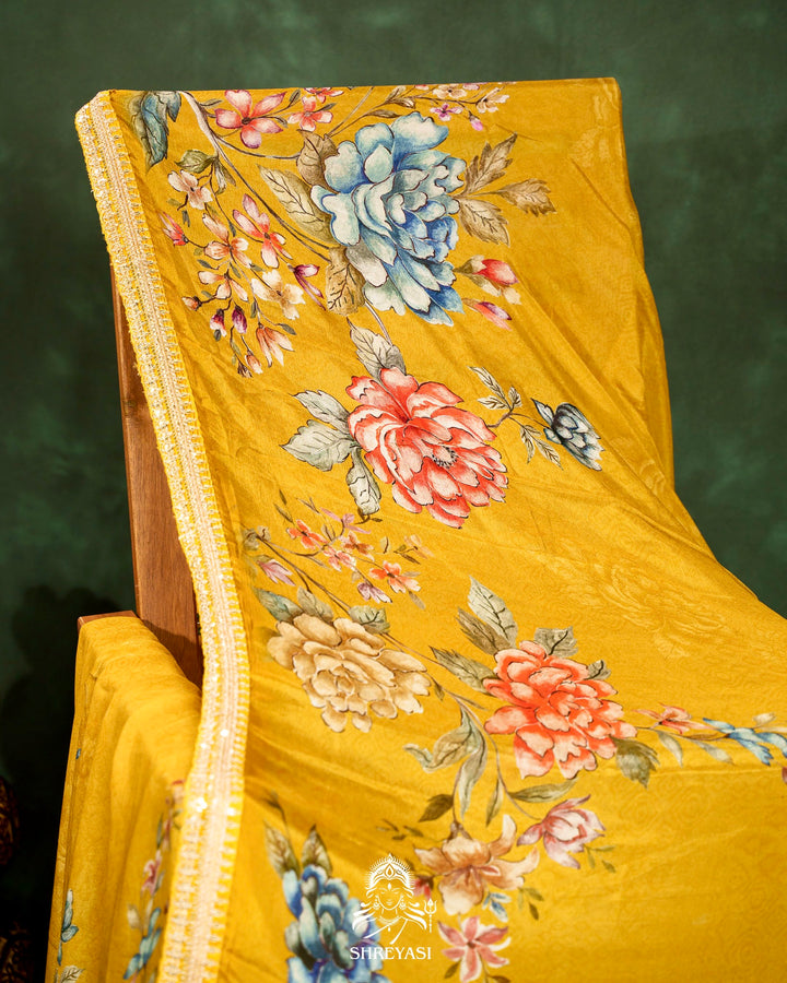 Floral Crepe Chiffon Saree with Embroidered Borders