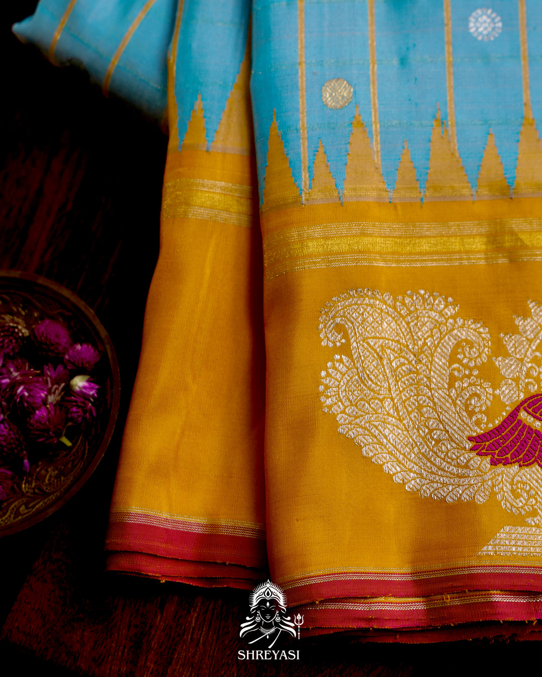 Handloom Pure Gadwal Silk Saree with Kuttu Korvai Border and Zari Peacock Motifs