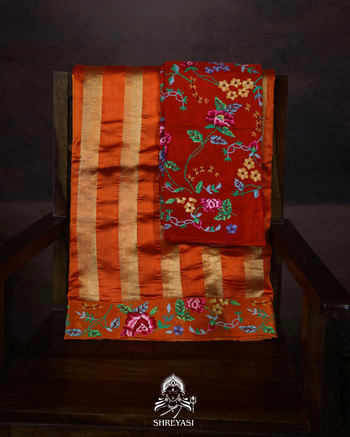 Handloom Pure Banarasi Tissue Stripes Saree with Petit Point Embroidered Borders