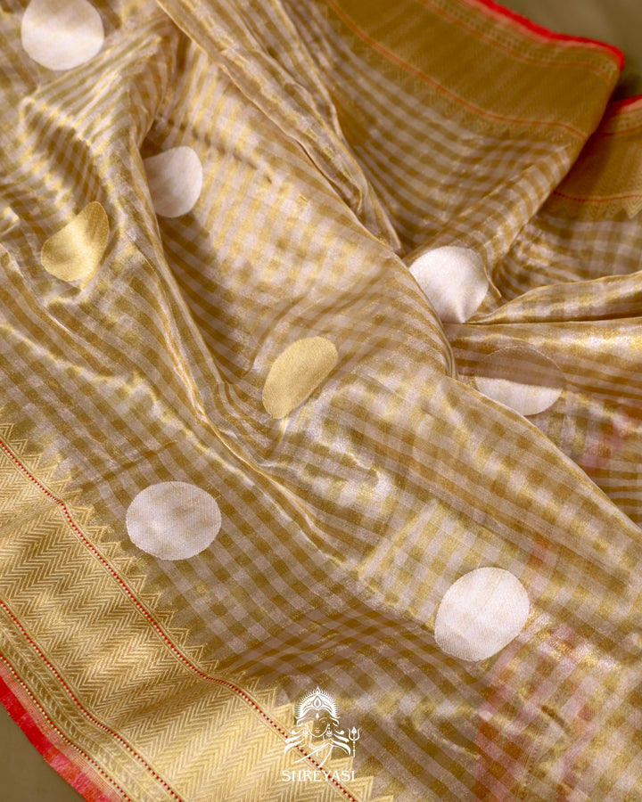 Banarasi Tissue Silk Saree in Kadhwa Weaving with Zari Polkas and Contrast Selvedge