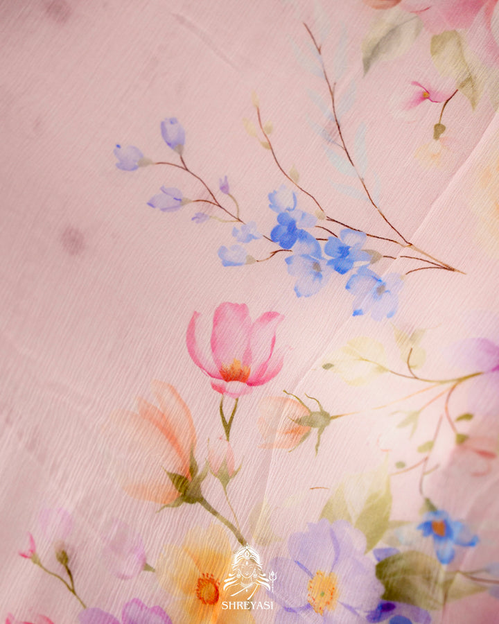 Pure Chiffon Floral Saree with Crochet Embroidery Border