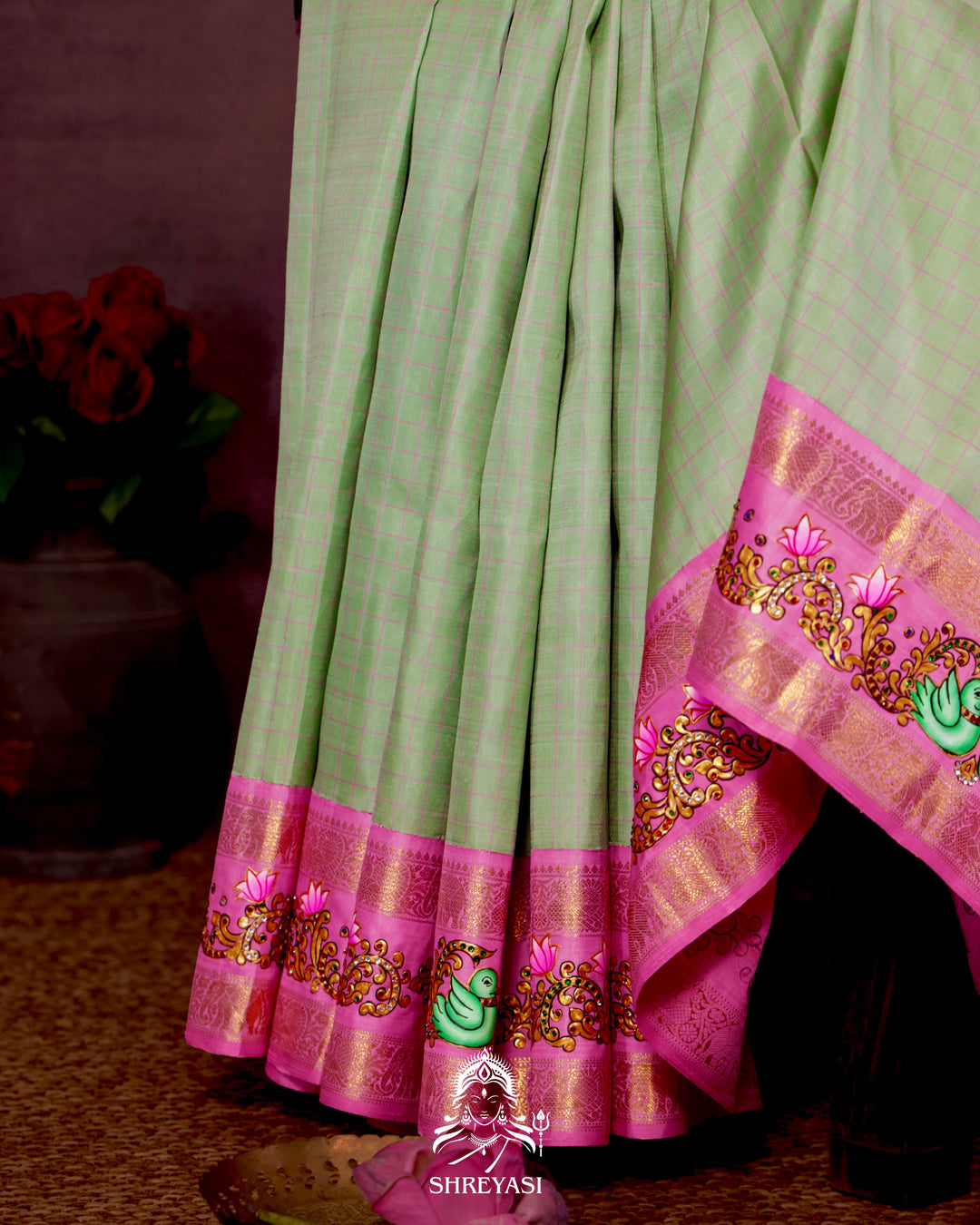 Handloom Pure Kanjivaram Silk Saree in Real Zari with Tanjore Annapakshi and Kamalam Artwork