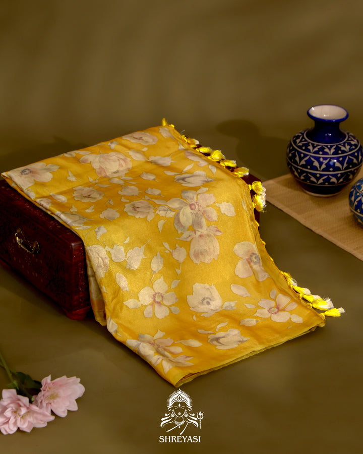Yellow Floral Banarasi Ektara Tissue Silk Saree 