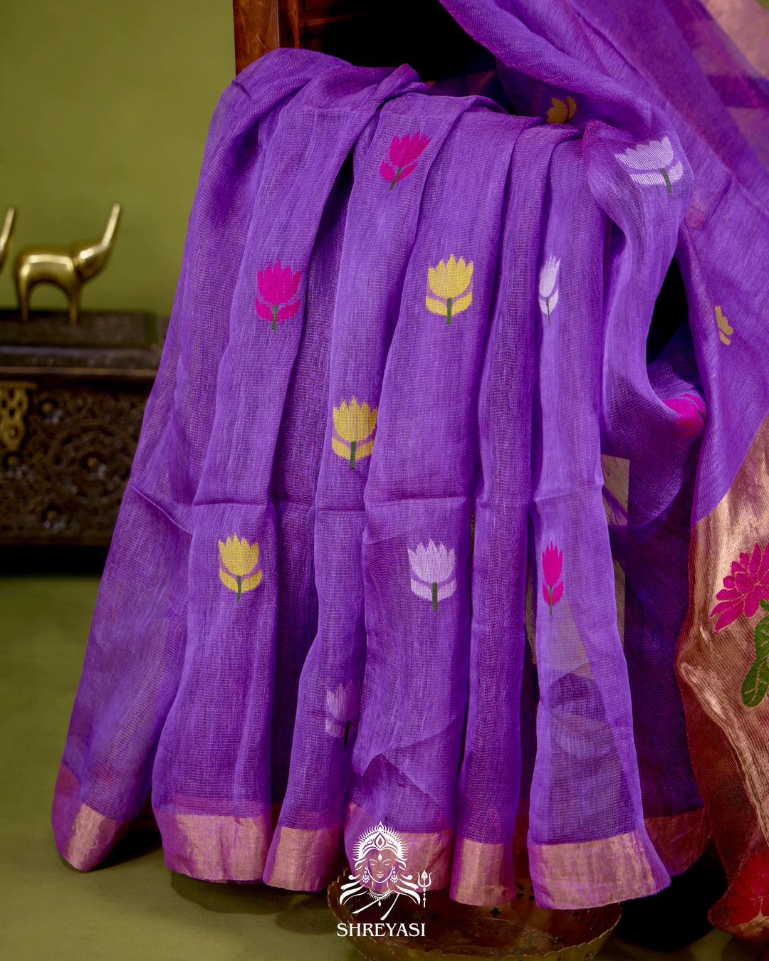 Handloom Silk Linen Jamdani Saree with Tissue Paithani Pallu