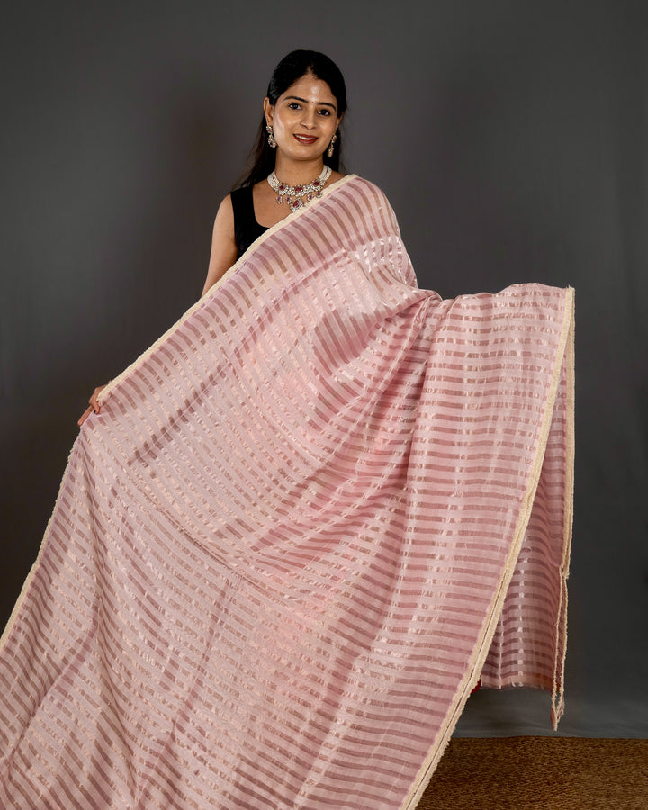 Handloom Pure Chanderi Silk Saree in Blush Pink with Silver Zari Stripes and Embroidered Floral Blouse