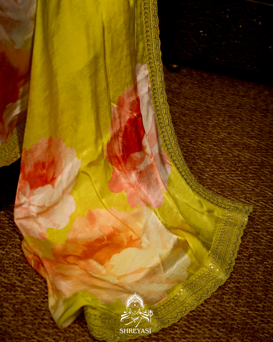 Lime Yellow Chinon Satin Floral Saree with Embroidered Border