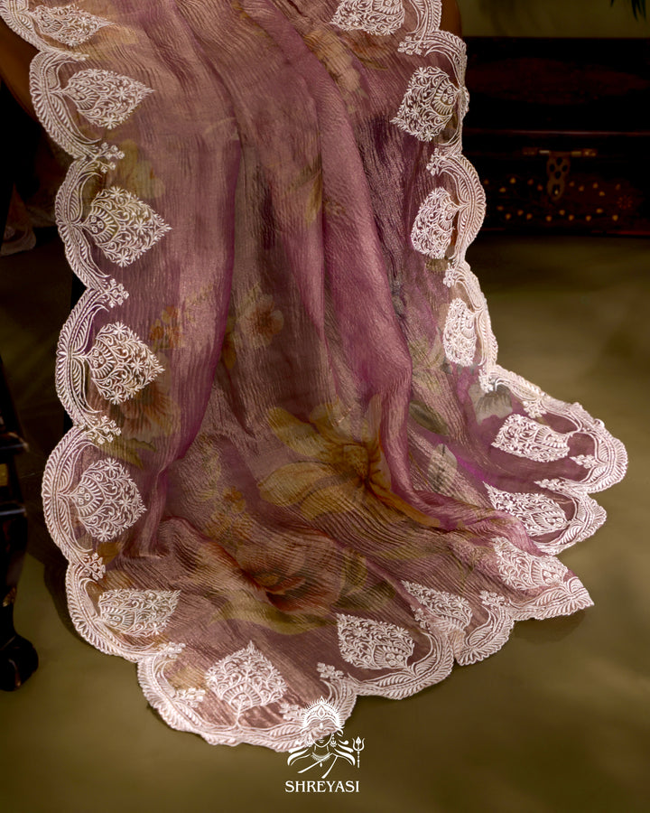 Handloom Pure Crushed Ektara Tissue Silk Saree with Floral Print and Scallop Embroidery