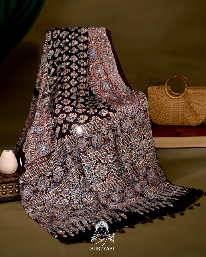 Ajrakh Hand Block Printed Pure Modal Silk Saree With Mirror Work
